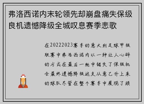弗洛西诺内末轮领先却崩盘痛失保级良机遗憾降级全城叹息赛季悲歌