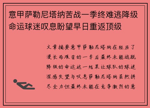意甲萨勒尼塔纳苦战一季终难逃降级命运球迷叹息盼望早日重返顶级